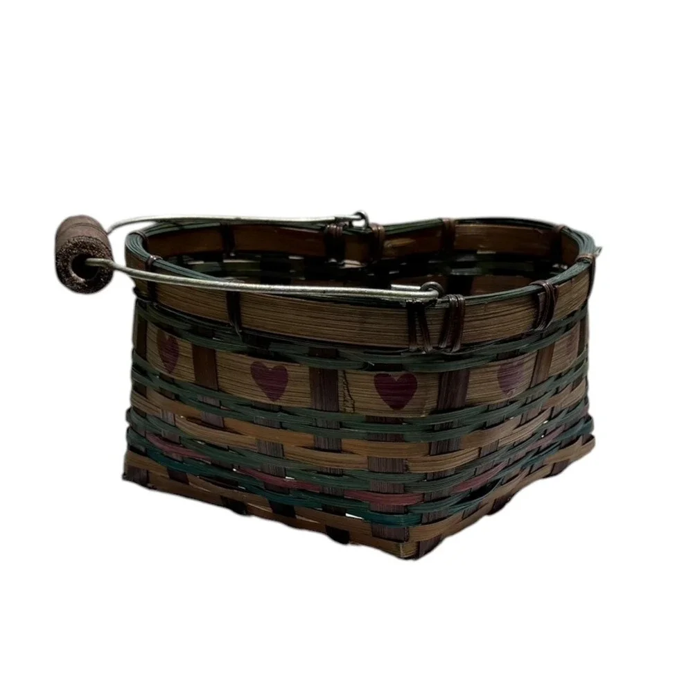 Vintage Heart Shaped Woven Basket Wood Handle Primitive Farmhouse Cottage Decor